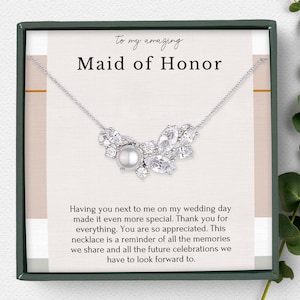 Maid of honor necklace jewelry gift box • Antique style vintage inspired bridal necklace • Crystal clustered pearl and diamond necklace