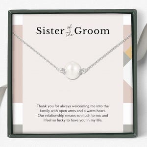 Regalo para la hermana del novio, regalo de bodas para la cuñada, collar con mensaje para la hermana del novio, regalo de bodas de la novia, perla delicada