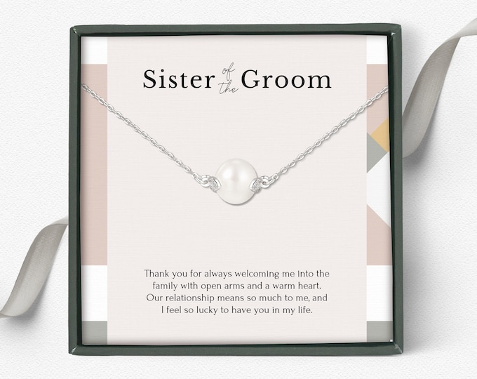 Sister of the groom gift, Sister in law wedding gift, Sister of the groom necklace with message, wedding gift from bride, Dainty pearl