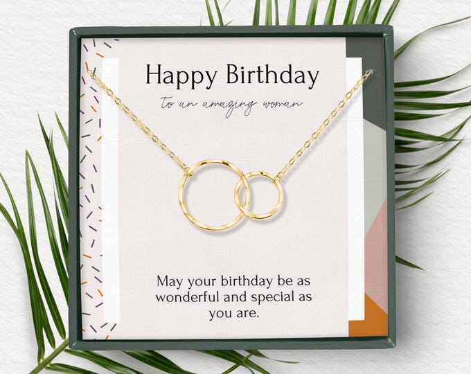 Birthday Necklace for her, Birthday Jewelry card, interlocking circles necklace in Sterling Silver,