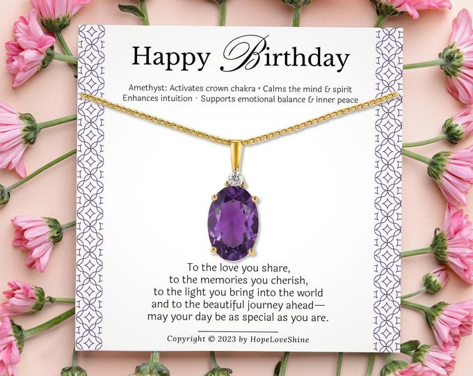 Amethyst Necklace | February Birthstone Gift | 18K Gold Plated on Stainless Steel | Purple Gemstone Jewelry | Birthday Card Included