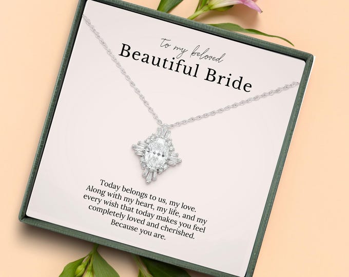 Bridal Necklace Earring Gift Set | Gift From Husband to Bride | Diamond Crystal Wedding Jewelry | With Card Message From Groom to Wife