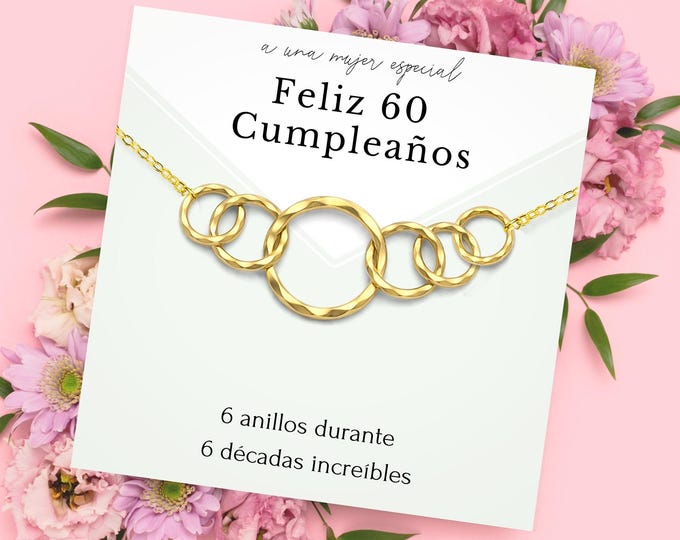 60th Birthday Necklace for Mom | Six Ring Decades, Spanish Card