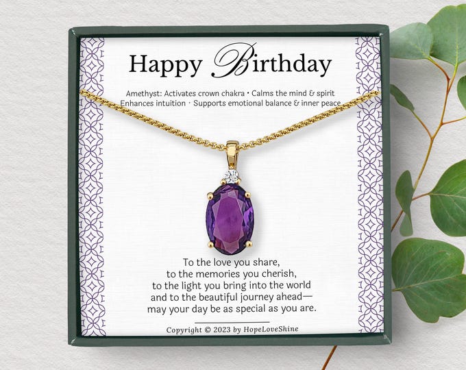 Amethyst Necklace – February Birthstone Gift – 18K Gold Plated on Stainless Steel – Purple Gemstone Jewelry – Birthday Card Included