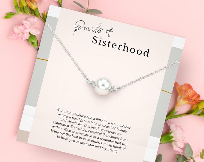Dainty Pearl Sisterhood necklace gift, Bridesmaid necklace gift, Sisterhood Sorority necklace in Sterling Silver