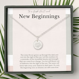 This Lotus jewelry necklace is made from sterling silver, showcasing a minimalist design. It measures 18 inches long with an adjustable ring at the 16 inches. The Lotus charm diameter is 0.45 inches. Comes with an encouragement message card.