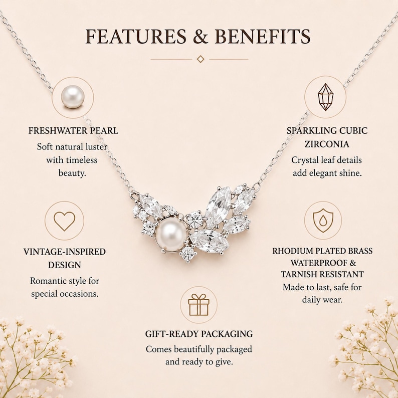 May include: A silver necklace with a freshwater pearl and sparkling cubic zirconia accents. The necklace has a vintage-inspired design and is made of rhodium-plated brass. The image includes the text "FEATURES & BENEFITS".