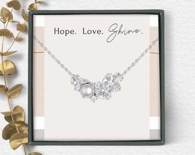 Bridal Pearl Diamond Cluster necklace • Pearl Crystal Vintage inspired necklace for Bride Bridesmaids Sterling silver Freshwater pearl