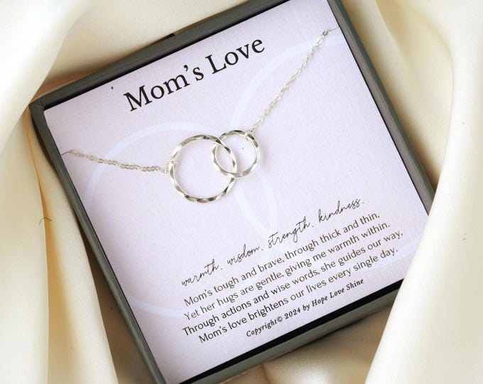 I Love You Mom Necklace Sterling Silver | Mother's Day Gift & Birthday Present | Interlocking Circles Jewelry for Her