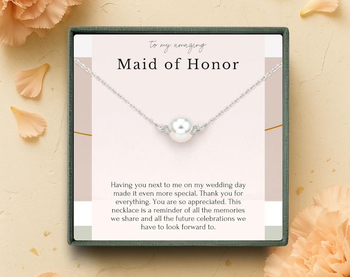 Maid of Honor Thank you Gift from bride, Dainty necklace for maid of honor on wedding day, Bridal party gift, Sterling silver pearl necklace