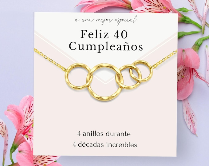 40th Birthday Necklace Feliz 40th Cumpleanos 4 ring for 4 decade Spanish greeting card gift for her