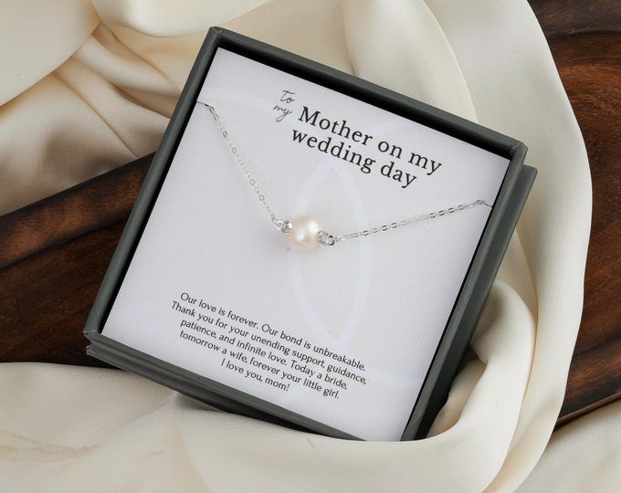 Gift for Mom on my wedding day, Mother of the Bride gift from Bride, Sentimental Wedding Party Gift Sterling Silver Pearl Necklace
