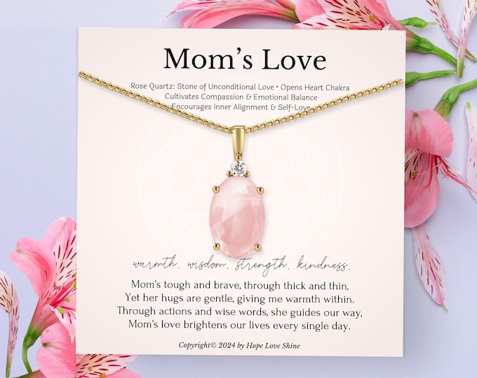 Rose Quartz Necklace for Mom Birthday Gift, Mother's Day Jewelry, Handmade Healing Crystal Pendant Gift for Her