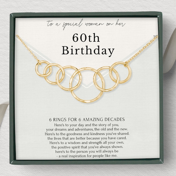 Collier pour son 60e anniversaire pour elle 6 anneaux pour 6 décennies Collier cercles en argent sterling Boîte cadeau à bijoux avec carte de message