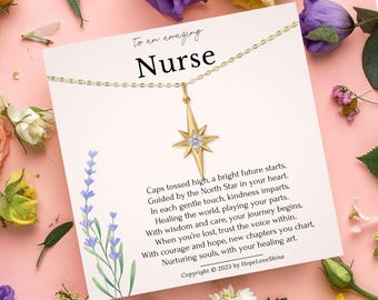 May include: A gold-coloured necklace with a starburst pendant featuring a central gemstone, displayed on a card with the word "Nurse" and inspirational text. The background is a soft pink with scattered flowers.
