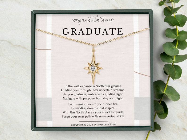 College Graduation Gift for Her, Graduate Class of 2023, Congrats Grad Box and Gift Card, Dainty North Star Pendant Necklace Gift for Women Gold