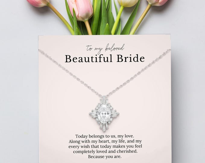 Bridal Necklace Earring Gift Set | Gift From Husband to Bride | Diamond Crystal Wedding Jewelry | With Card Message From Groom to Wife