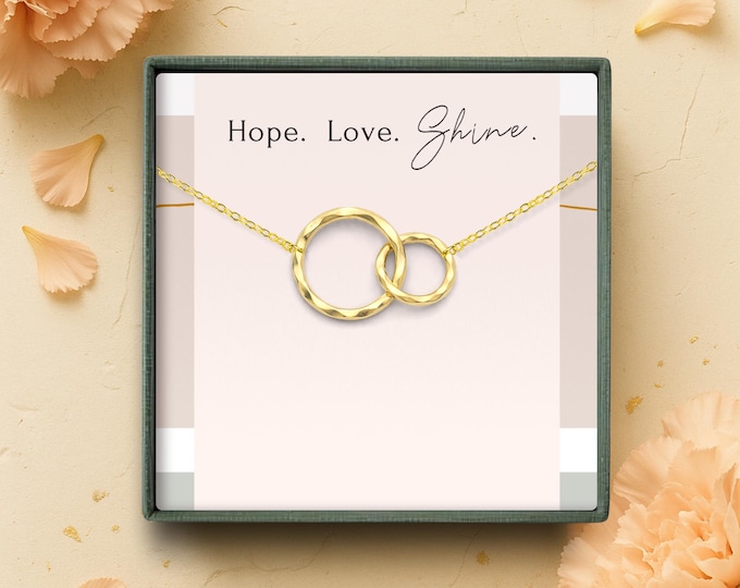 Handmade 2 Ring Necklace • Hammered Double Circle Pendant • Sterling Silver or Gold • Interlocking Eternity Rings • Gift for Her, 18" Chain