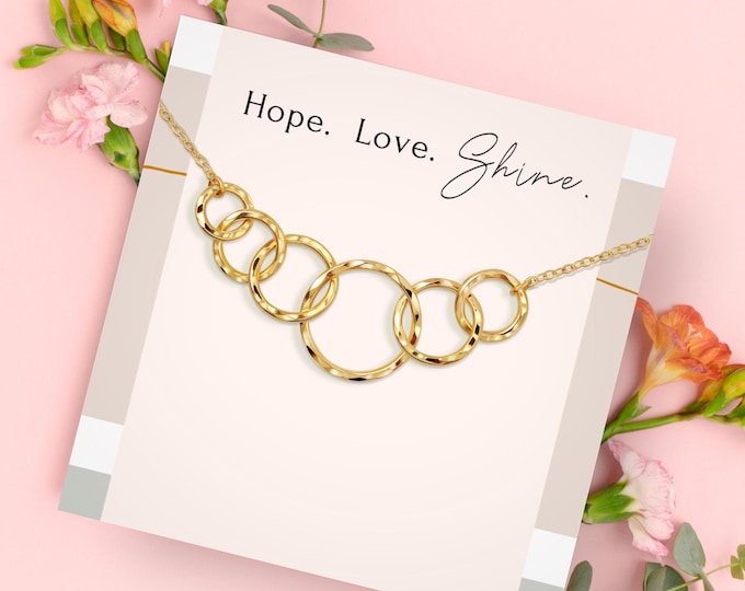 Handmade 6 Ring Necklace • Hammered Six Circle Pendant • Sterling Silver or Gold • 60th Birthday Gift • Interlocking Eternity Rings, 18"