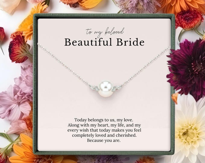 Wedding Day Pearl Necklace for Bride | Romantic Gift from Groom with Message Card | Wedding Keepsake Jewelry Present from Husband