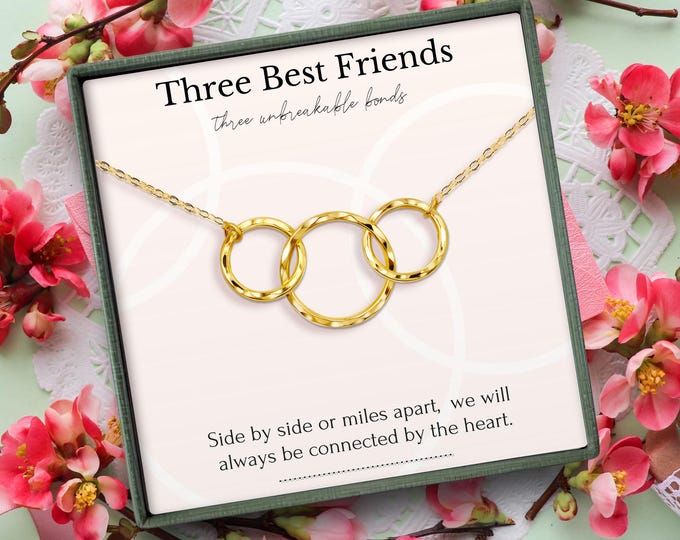 Best Friends Necklace, Friendship Trio, Gift for 3 BFFs Jewelry Set, Three Long Distance Friends, Moving Away, Miles Apart, Galentine’s Day