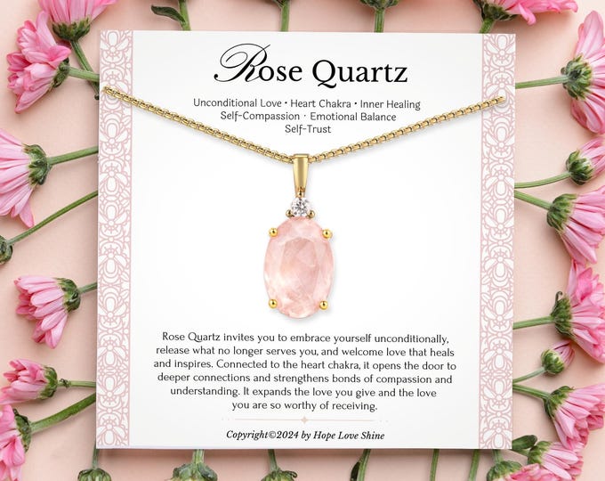 Rose Quartz Necklace Gold | Heart Chakra Jewelry for Women | Self Love Healing Pendant Gift