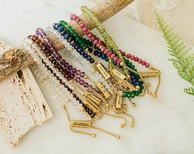 Personalized Birthstone Bracelet - Natural Faceted Gemstone & Stainless Steel Jewelry - Adjustable 4x3mm Rondelle Bead Gift for Her