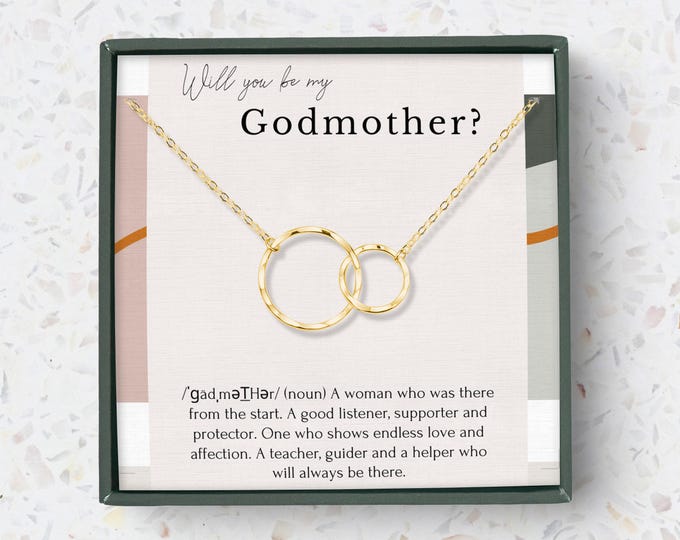Godmother Definition Gift Necklace box, Godmother Gift from Goddaughter Proposal Sterling Silver, 2 circles necklace
