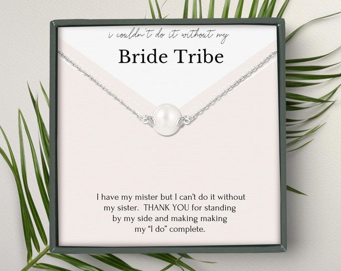 Bridesmaid Pearl Necklace with Pearl & Crystal Leaf Cluster – Bride Tribe Silver Jewelry Gift for Bridesmaids