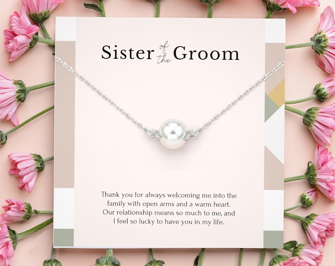 Sister of the groom gift, Sister in law wedding gift, Sister of the groom necklace with message, wedding gift from bride, Dainty pearl