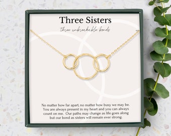Collier soeurs pour 3 | Cadeau d'anniversaire de soeur | Collier 3 anneaux | Collier grande soeur petite soeur | Collier bijoux 3 soeurs