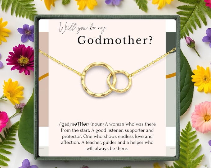 Godmother Definition Gift Necklace box, Godmother Gift from Goddaughter Proposal Sterling Silver, 2 circles necklace