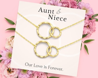 Nichtje cadeau van tante of tante Cadeau van nichtje | Bijpassende kettingen voor tante en nichtje - sterlingzilver in elkaar grijpende cirkels cadeau