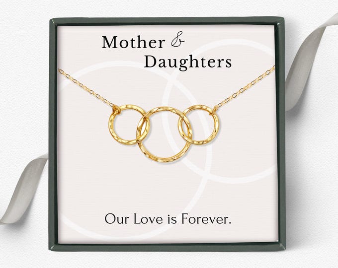 Mother 2 Daughters necklace 3 circles linked necklace set, Mother's day jewelry gift from 2 daughters sterling silver