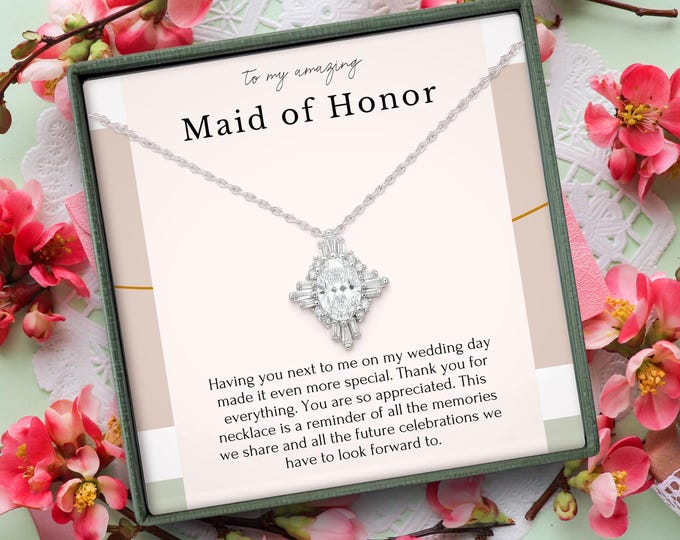 Maid of Honor Gift Necklace & Earrings Set | Bridesmaids and Bridal Jewelry | Diamond and Pearl Set For Bridal Party and Wedding Bridesmaids