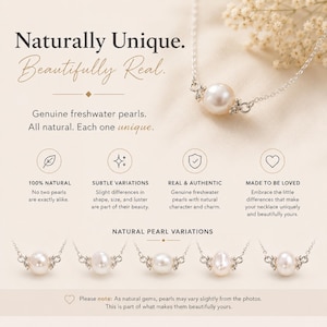 May include: A silver necklace with a single, large, white freshwater pearl. The image includes text that reads "Naturally Unique. Beautifully Real." and "Genuine freshwater pearls. All natural. Each one unique."