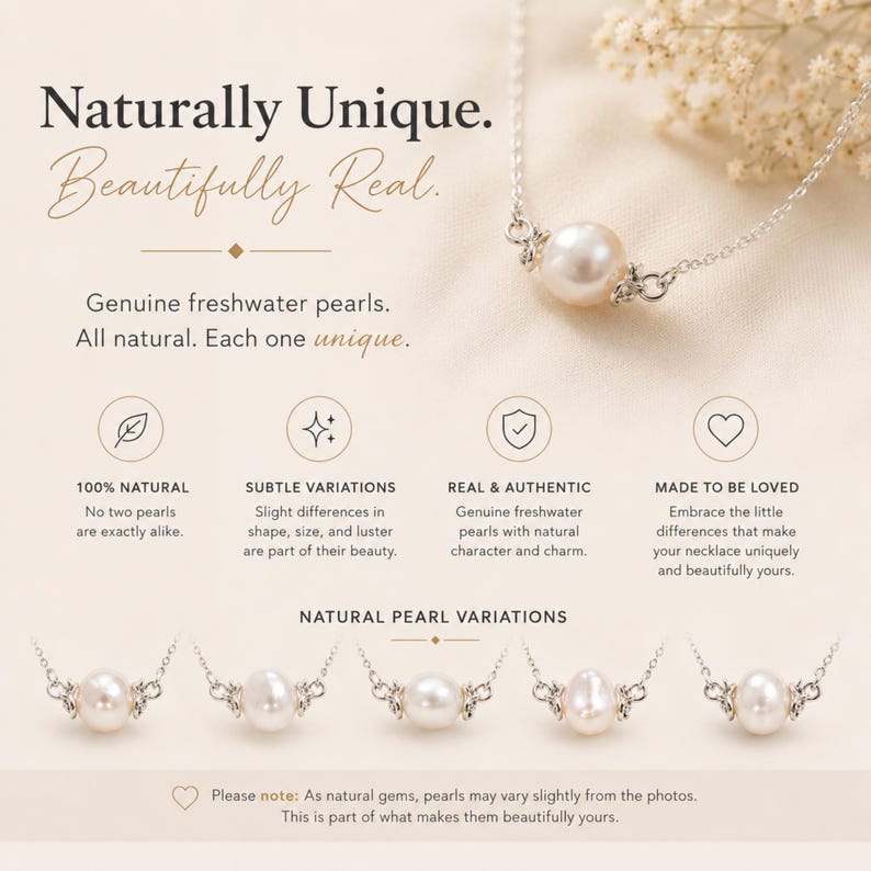 May include: A silver necklace with a single, large, white freshwater pearl. The image includes text that reads "Naturally Unique. Beautifully Real." and "Genuine freshwater pearls. All natural. Each one unique."