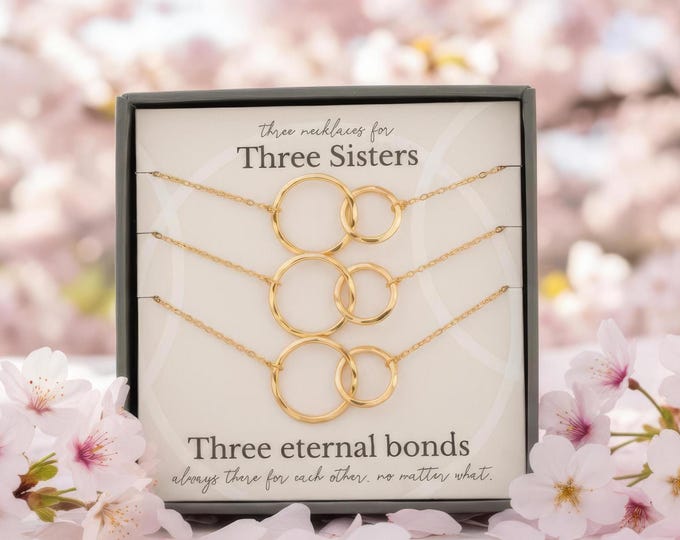 3 Sisters Necklace Set, 3 Textured Rings (Big, Middle & Little Sister) Sterling Silver Gold