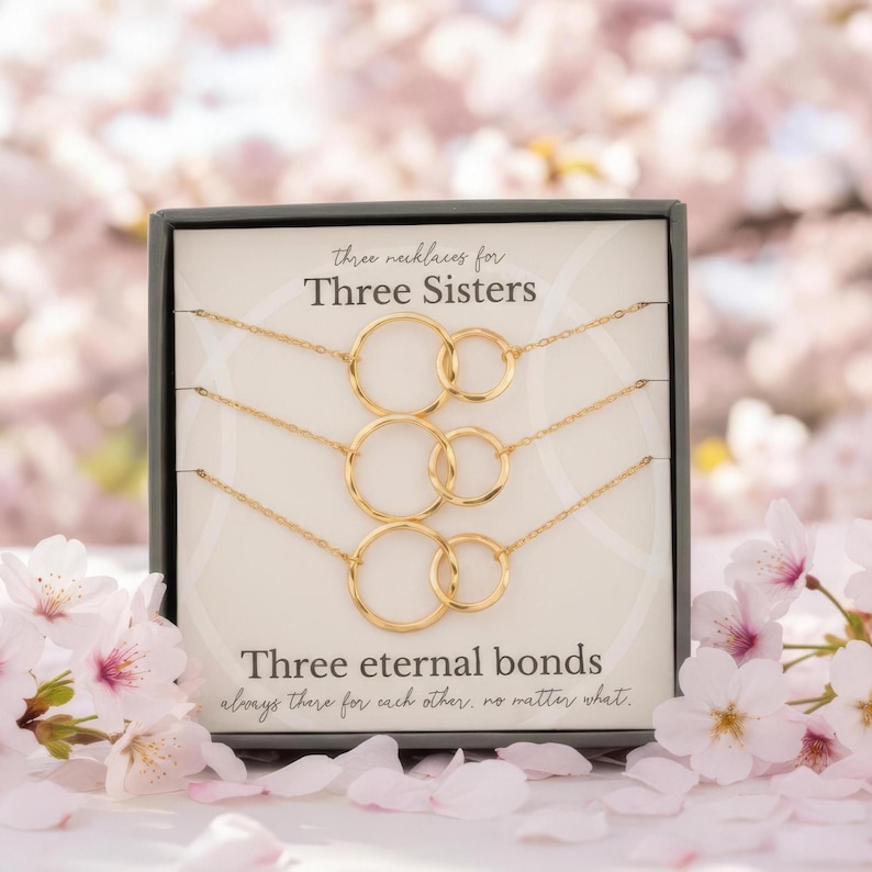 3 Sisters Necklace Set, 3 Textured Rings (Big, Middle & Little Sister) Sterling Silver Gold 14K Gold Vermeil