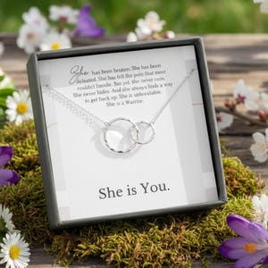 Warrior Strength 2 ring Necklace, Empowerment jewelry Gift for Women, Inspirational Message Card Sterling Silver