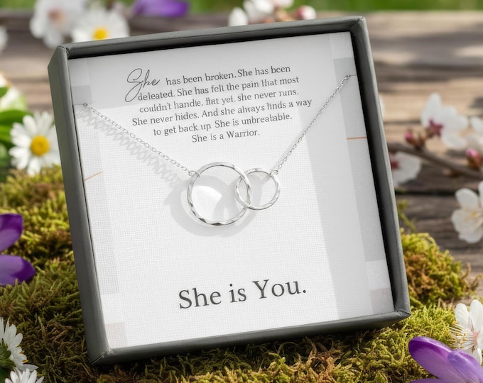 Warrior Strength 2 ring Necklace, Empowerment jewelry Gift for Women, Inspirational Message Card Sterling Silver