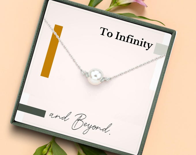 Gift for Bride on Wedding Day | Necklace from the Groom | To infinity and Beyond Card | Jewelry Gift, Dainty Pearl Necklace, Sterling Silver