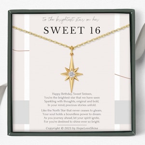 Collier cadeau 16e anniversaire pour fille | 16 cadeaux de bijoux pour fille | Cadeau d'anniversaire avec colliers étoile du Nord avec carte