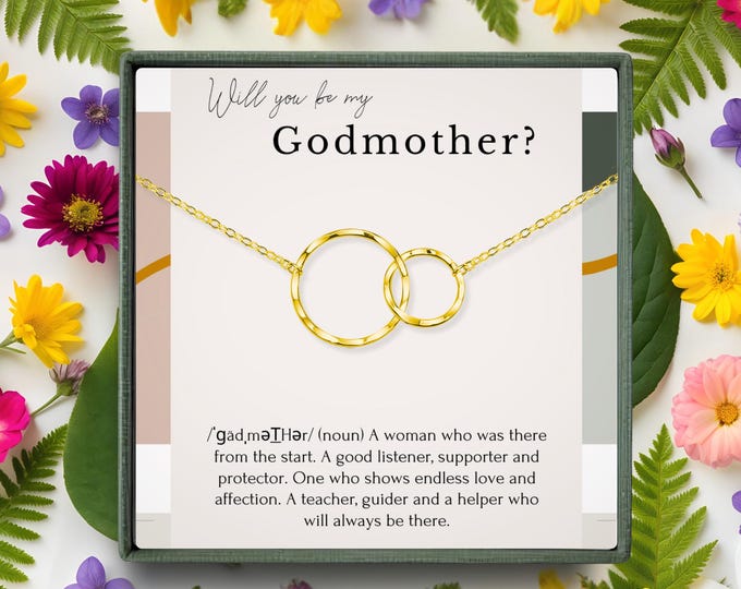 Godmother Definition Gift Necklace box, Godmother Gift from Goddaughter Proposal Sterling Silver, 2 circles necklace