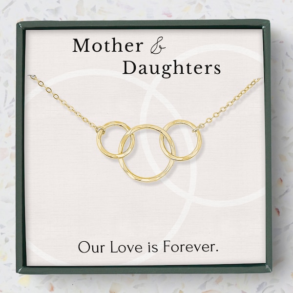 Mother 2 Daughters necklace 3 circles linked necklace set, Mother's day jewelry gift from 2 daughters sterling silver