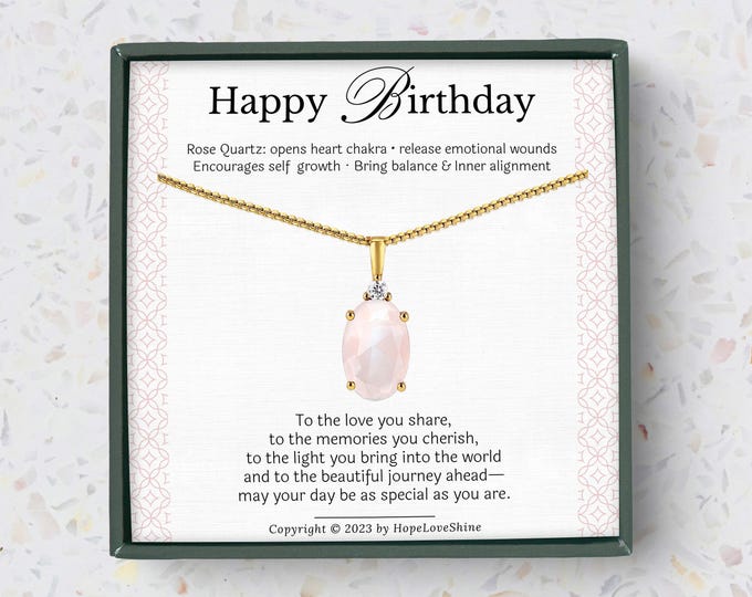 Rose Quartz Necklace – Birthday Gift for Her – 18K Gold Plated on Stainless Steel – Pink Gemstone Jewelry – Birthday Card Included