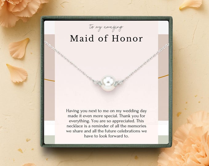 Maid of Honor Thank you Gift from bride, Dainty necklace for maid of honor on wedding day, Bridal party gift, Sterling silver pearl necklace