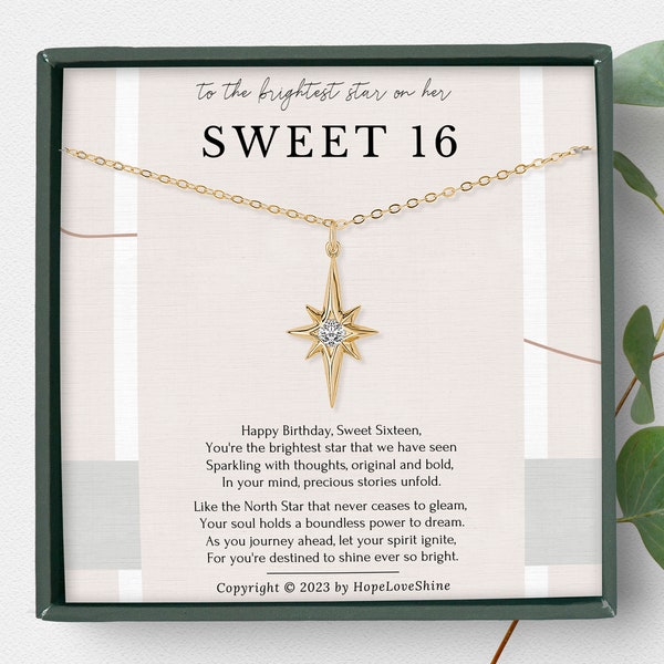 16th Birthday Necklace Gift For Girl | Sweet 16 Jewelry Gifts for Daughter | North Star Necklaces Birthday Present with Message Card