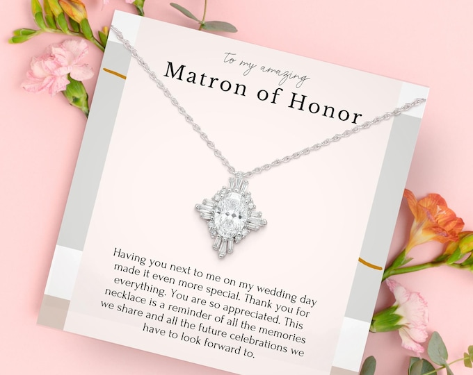 Matron of Honor Necklace & Earring Set, Diamond Bridesmaid Jewelry, Maid of Honor Bridesmaids Present, Sterling Silver Gift For Proposal
