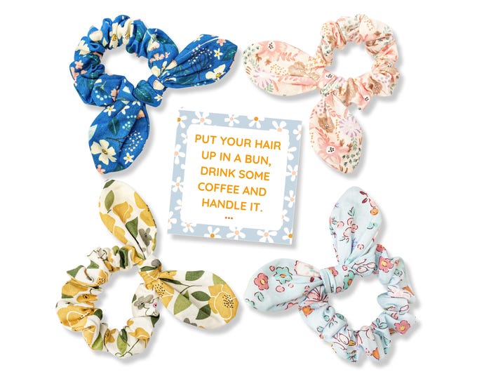 Rifle Paper Co floral scrunchie with bow • Scrunchie with mask • knotted bunny ear hair tie • Encouragement gift • Hair accessories for her